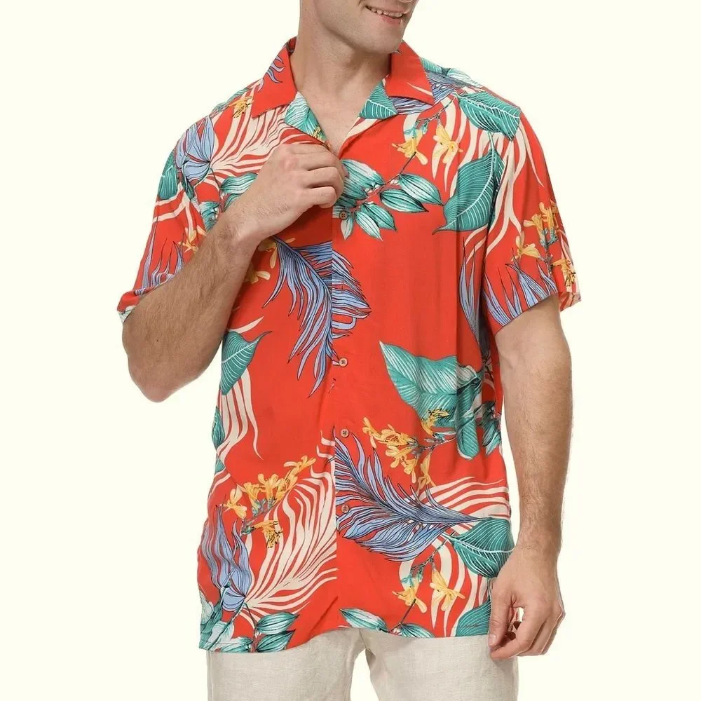 Alex Vando Premium Aloha Beach Hawaiian Button Down Shirt Orange Leaf Medium